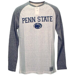 white two button long sleeve t-shirt with gray sleeves & shoulders, screened Penn State above Athletic Logo
